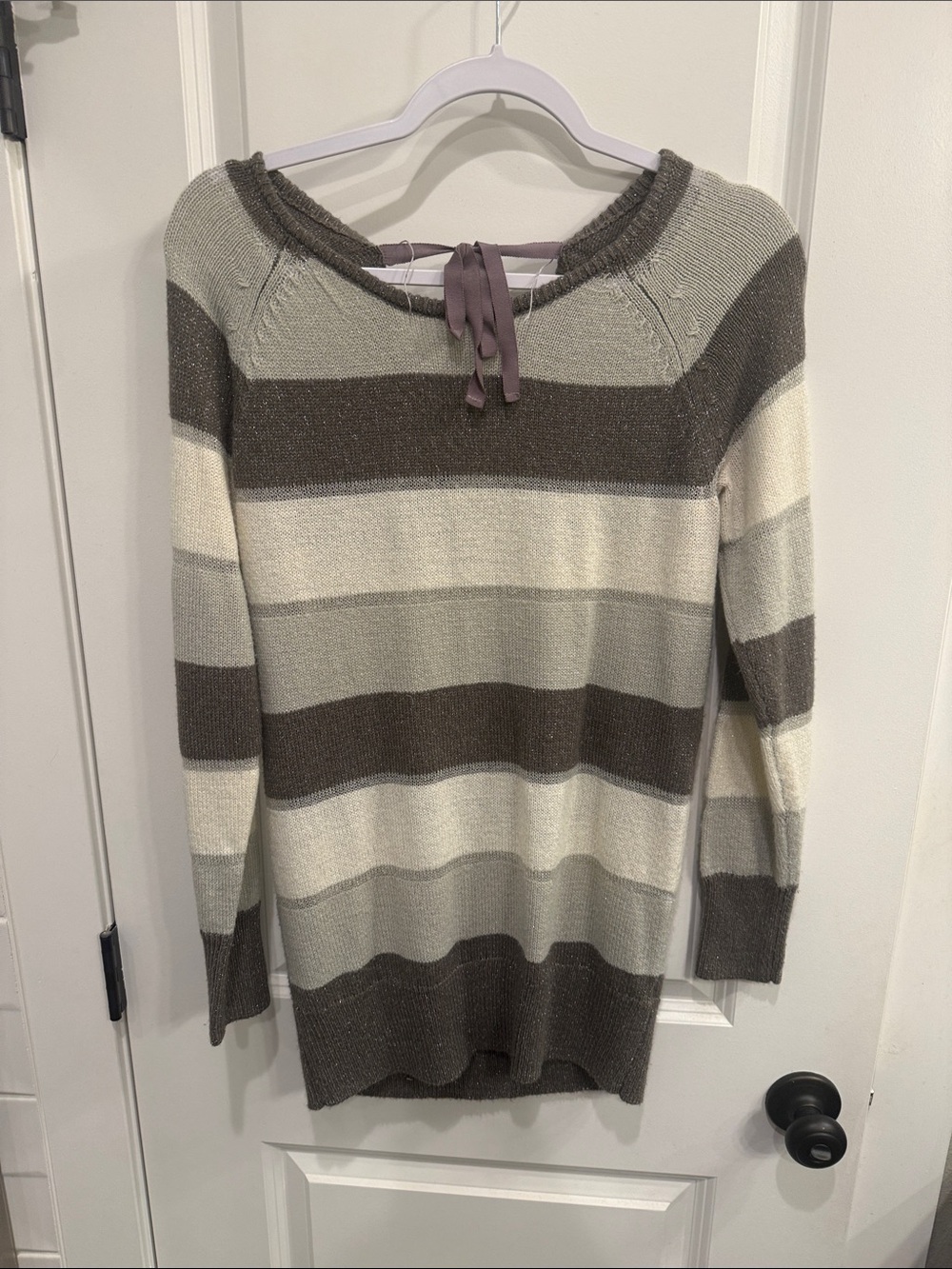 Striped Crewneck Sweater in Gray and Cream